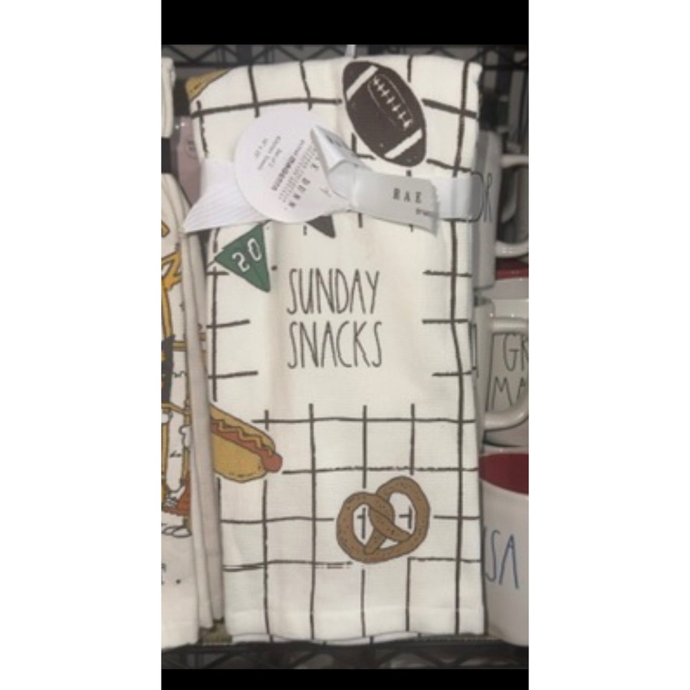 Rae Dunn Sunday Snacks Kitchen Towel Set of 2 Football Game Day Cotton White